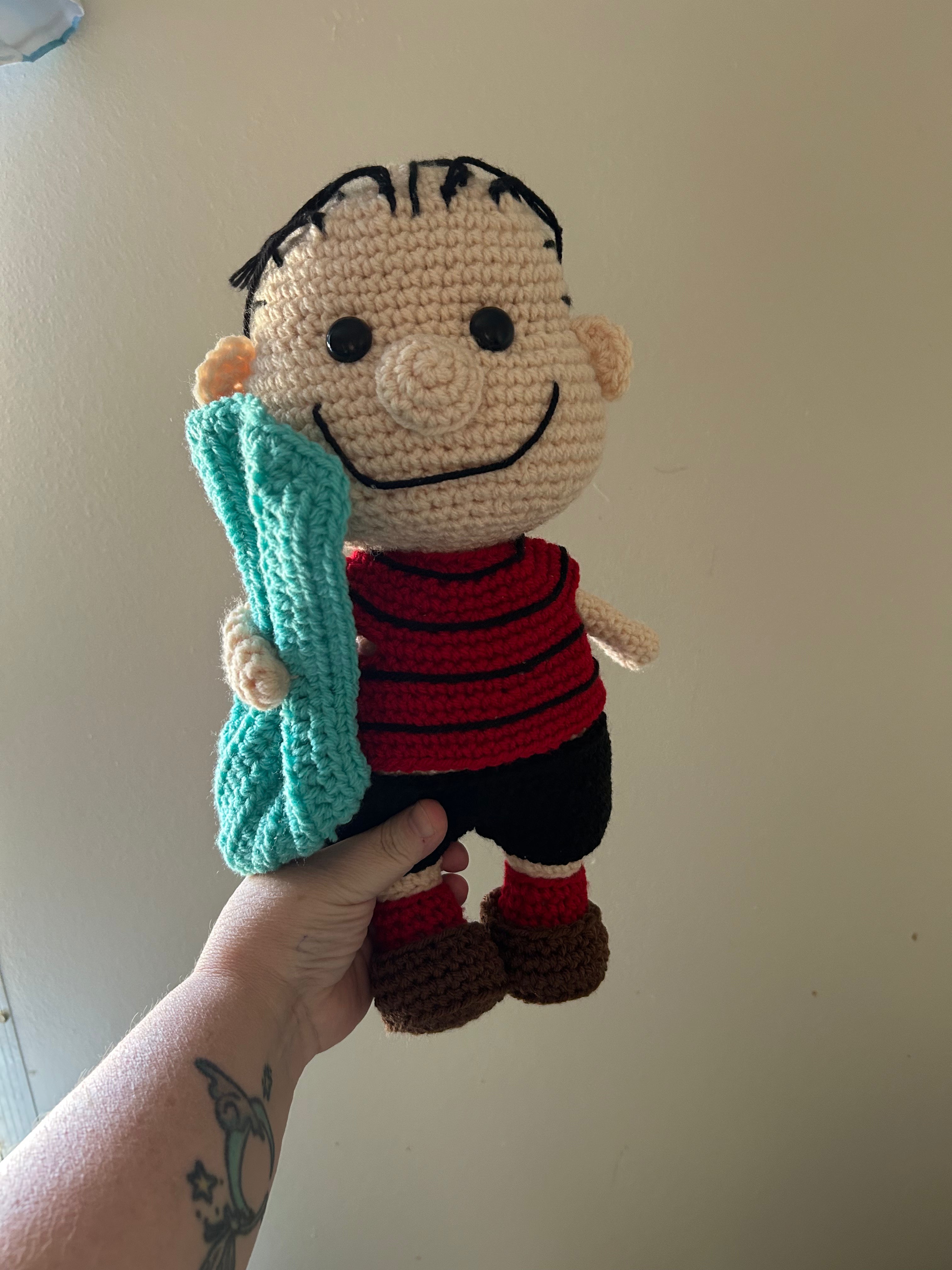 Handmade Crochet Linus Inspired Doll with Blue Blanket – Peanuts Style Plush